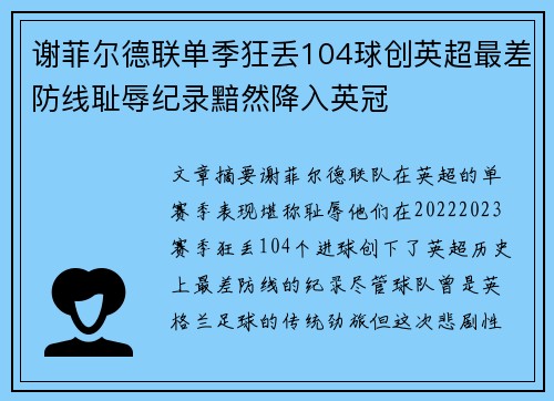 谢菲尔德联单季狂丢104球创英超最差防线耻辱纪录黯然降入英冠 谢菲尔德联单季狂丢104球创英超最差防线耻辱纪录黯然降入英冠