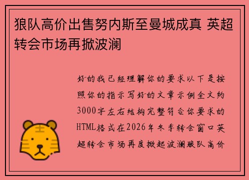 狼队高价出售努内斯至曼城成真 英超转会市场再掀波澜